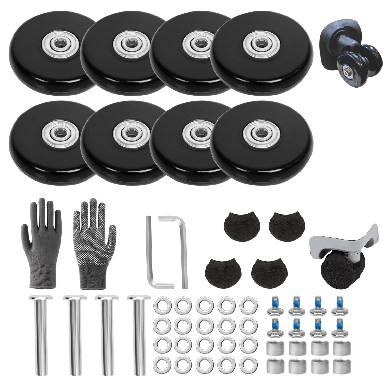 54mm x 14mm Luggage Replacement Wheels Set 8Pcs Rubber Swivel Caster Wheels with 4Pcs Wheels Cover Socks 50mm Axles and Repair Kit for Luggage Bags Trolley Case