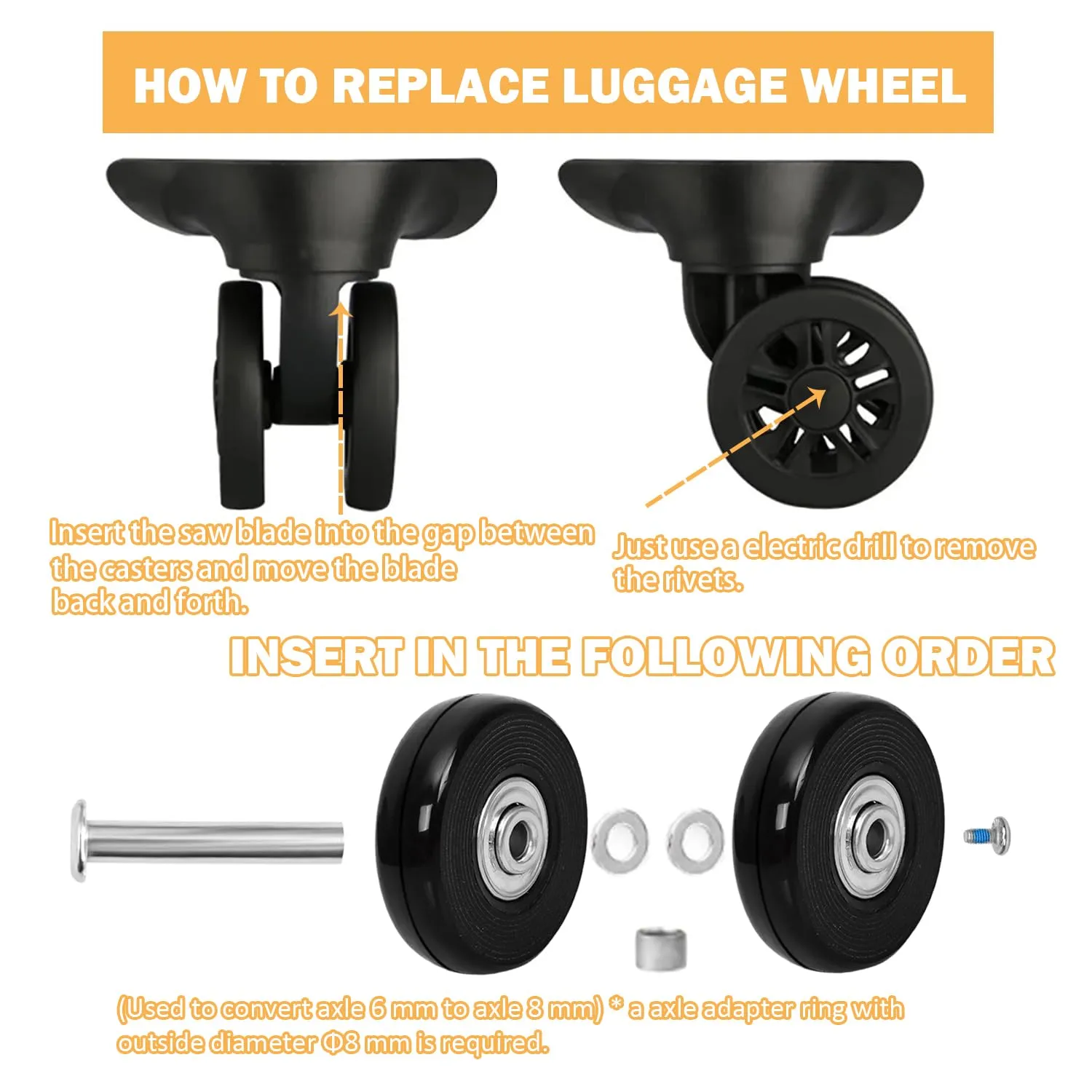 54mm x 14mm Luggage Replacement Wheels Set 8Pcs Rubber Swivel Caster Wheels with 4Pcs Wheels Cover Socks 50mm Axles and Repair Kit for Luggage Bags Trolley Case