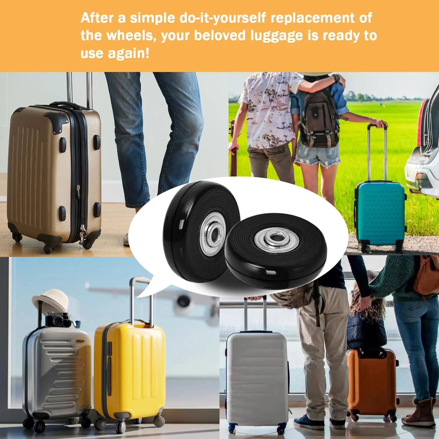 54mm x 14mm Luggage Replacement Wheels Set 8Pcs Rubber Swivel Caster Wheels with 4Pcs Wheels Cover Socks 50mm Axles and Repair Kit for Luggage Bags Trolley Case