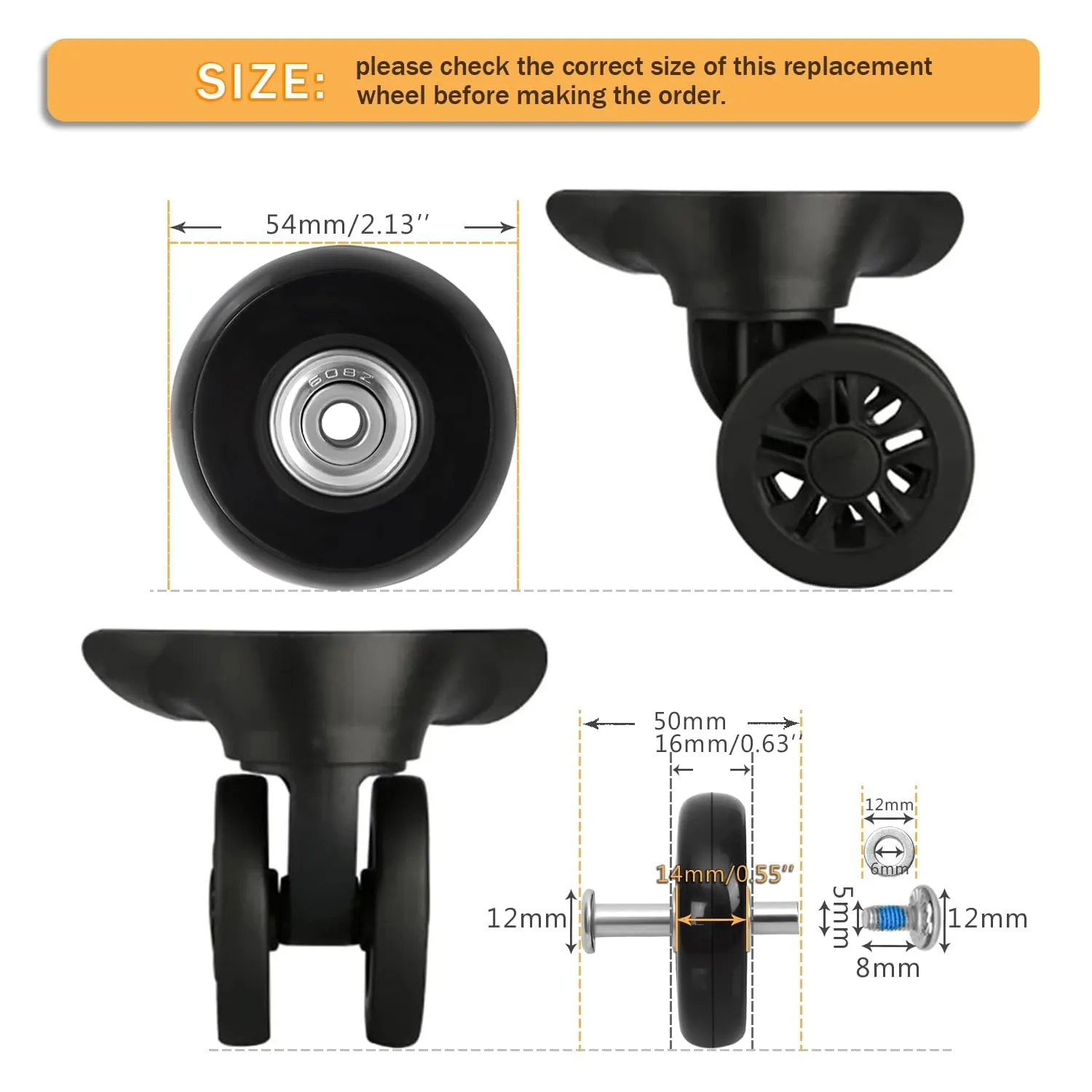 54mm x 14mm Luggage Replacement Wheels Set 8Pcs Rubber Swivel Caster Wheels with 4Pcs Wheels Cover Socks 50mm Axles and Repair Kit for Luggage Bags Trolley Case