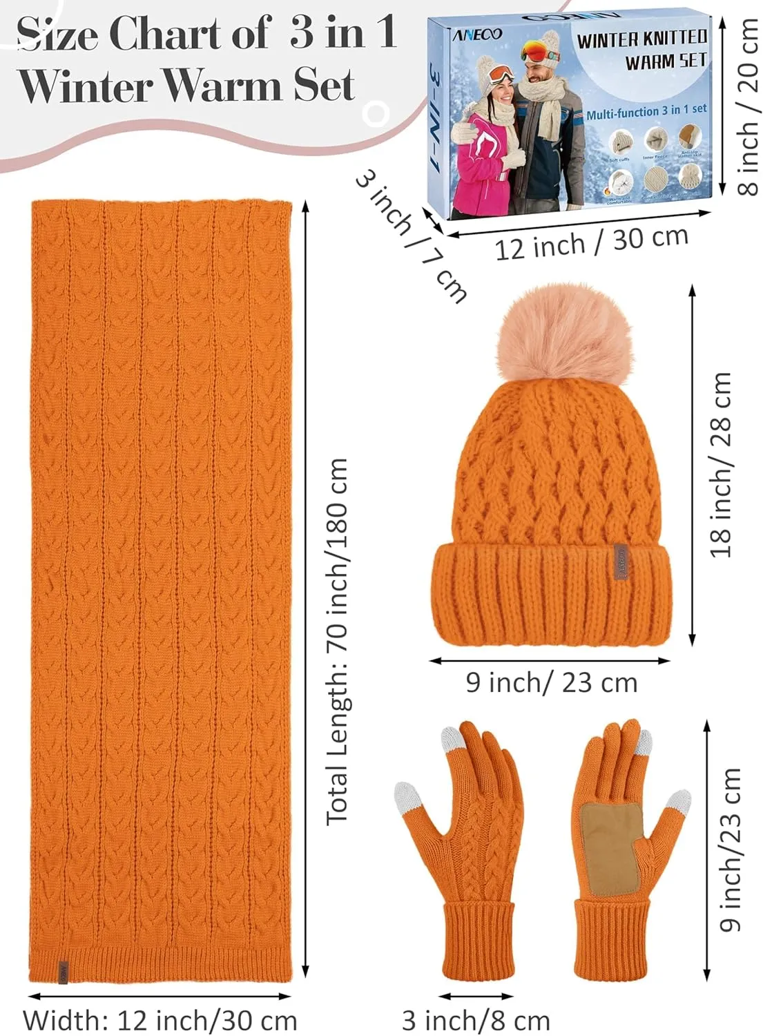 Aneco Women Winter Beanie Hat Scarf Gloves with Pom Pom Fleece Lined Touchscreen Gloves Set Thick Warm Knit Cap 3-in-1 Set