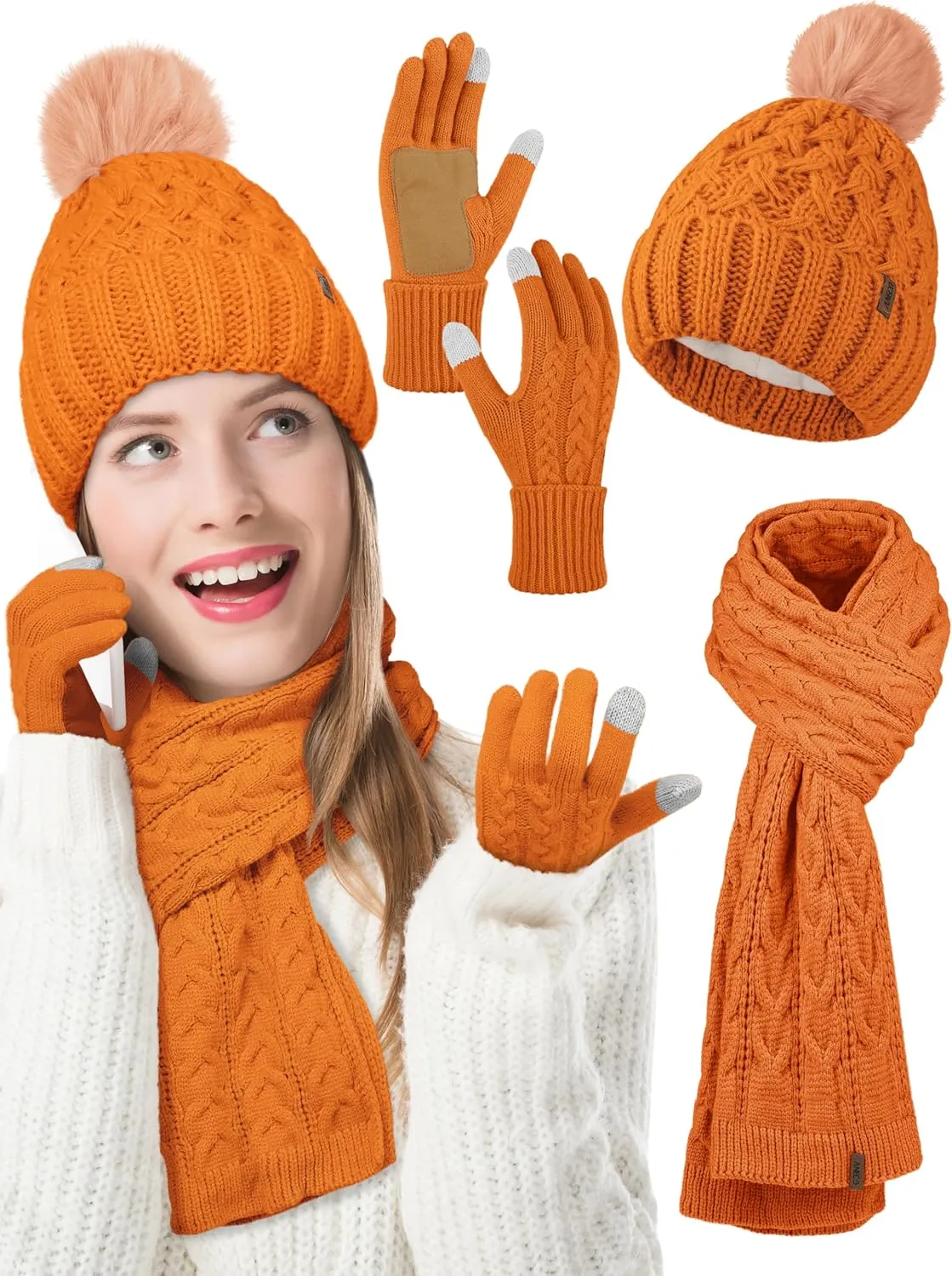Aneco Women Winter Beanie Hat Scarf Gloves with Pom Pom Fleece Lined Touchscreen Gloves Set Thick Warm Knit Cap 3-in-1 Set