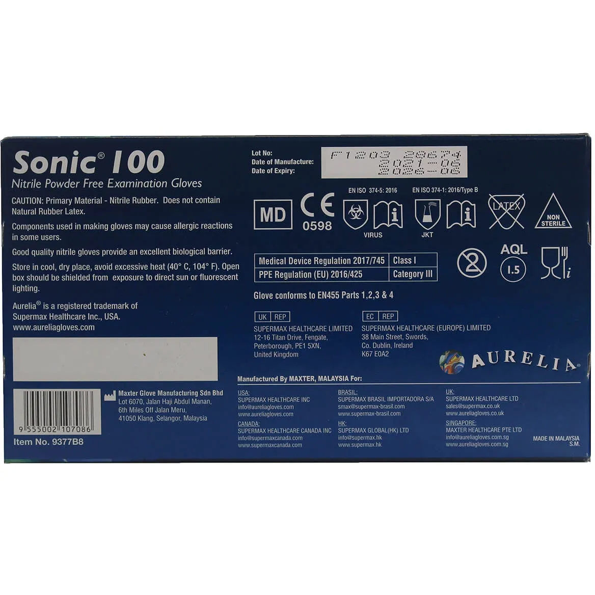 Aurelia Sonic 100 - Blue Nitrile Examination Gloves - Large