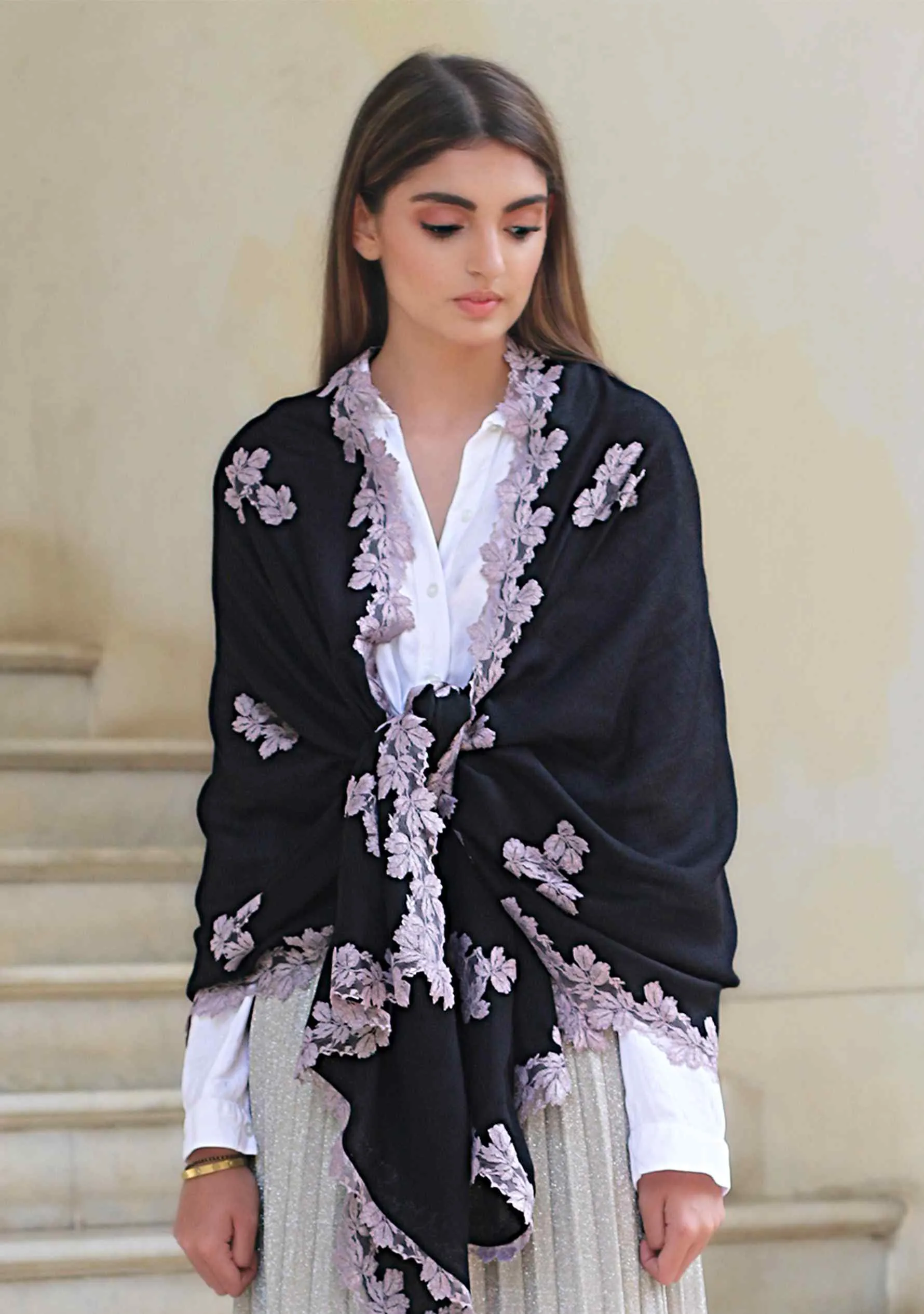 Black Wool and Silk Scarf with a Antique Silver Leaf Lace Applique & Border