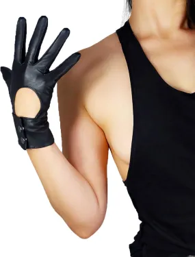 DooWay Women Short Leather Driving Gloves Touchscreen Texting Genuine Sheepskin Steampunk Cosplay Costume Motorcycle Full Finger Gloves (Black-Button Closure)