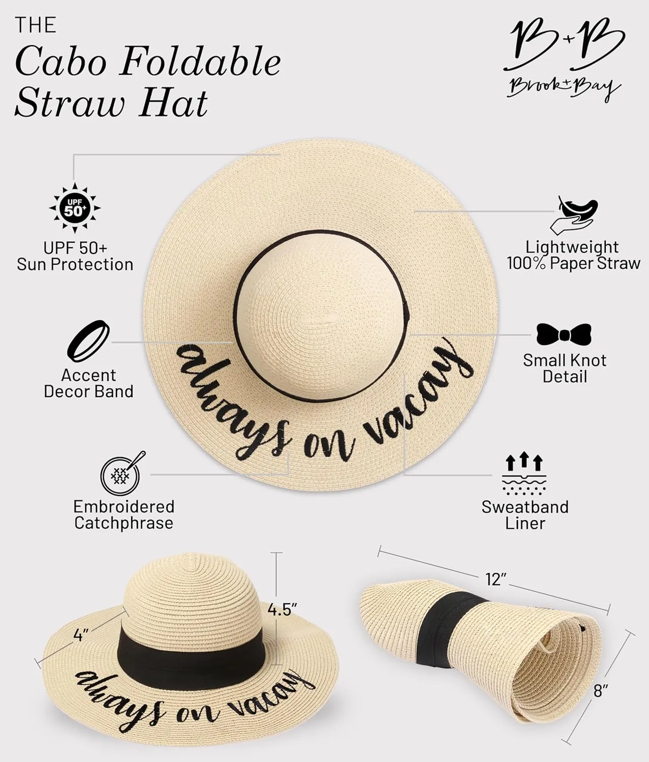 Foldable Beach Hats for Women-Floppy Sun Hats for Women,Roll up Straw Hats for Women,Summer Vacation Hats&Beach Wide Brim Hat