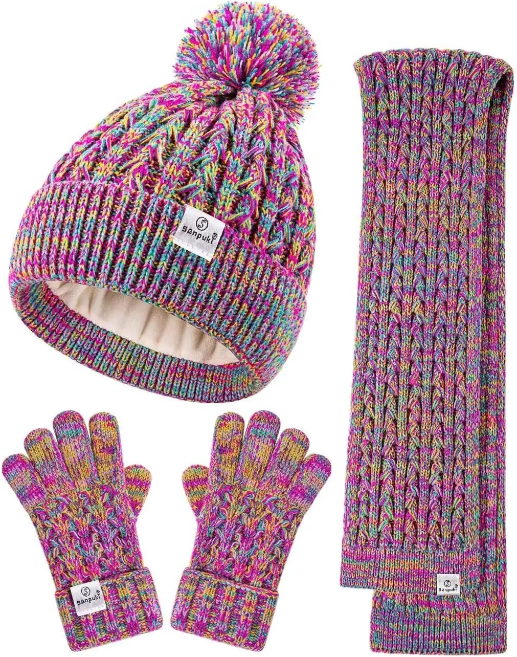 Kids Winter Hat Gloves Scarf Set,Girls Toddler Winter Hat Beanie with Pom Neck Warmer Gaiter Mittens Fleece Lined Set