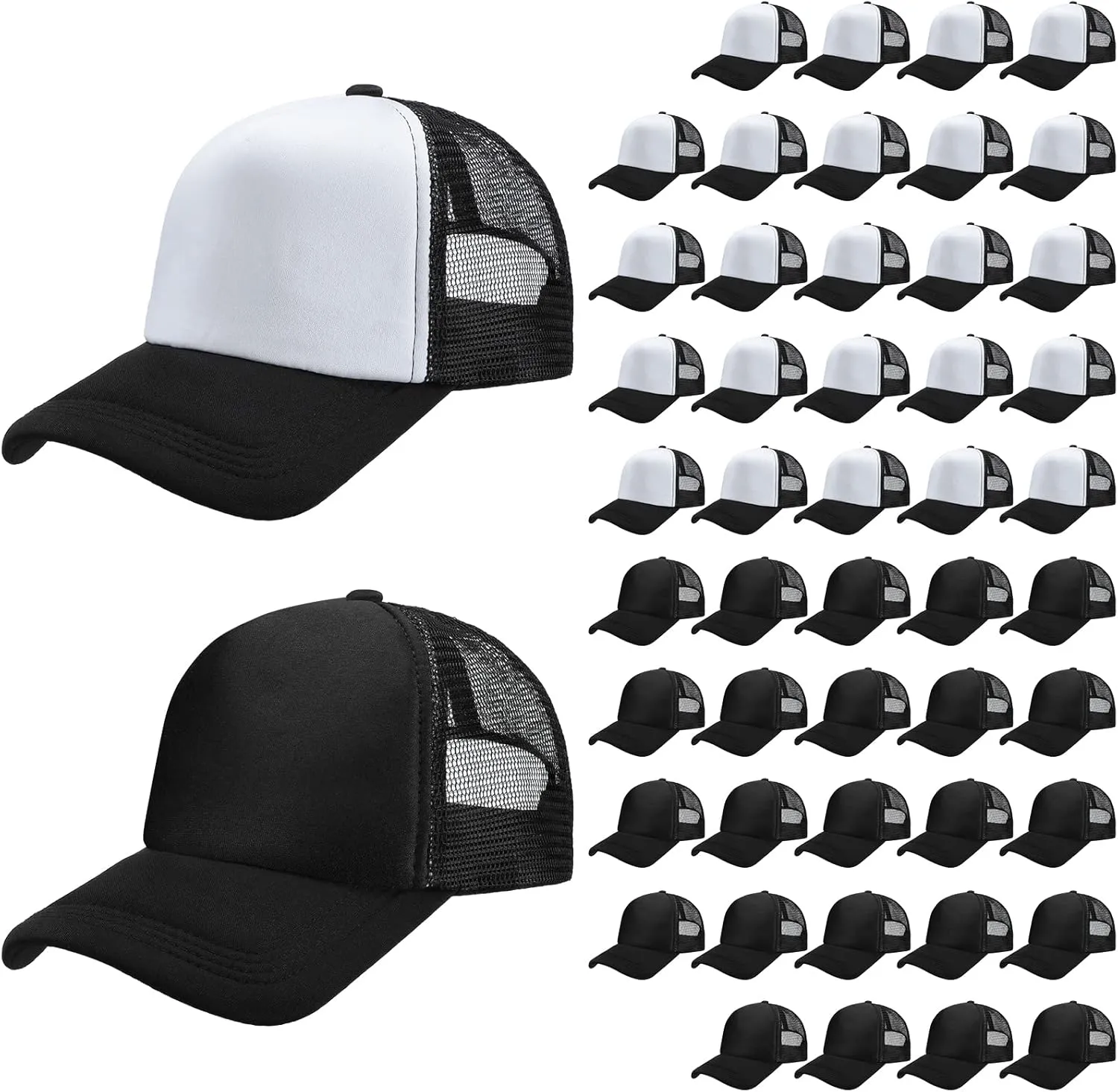Lasnten 48 Pack Unisex Blank Trucker Hats Sublimation Baseball Caps Adjustable Plain Polyester Mesh Cap Bulk for DIY Printing