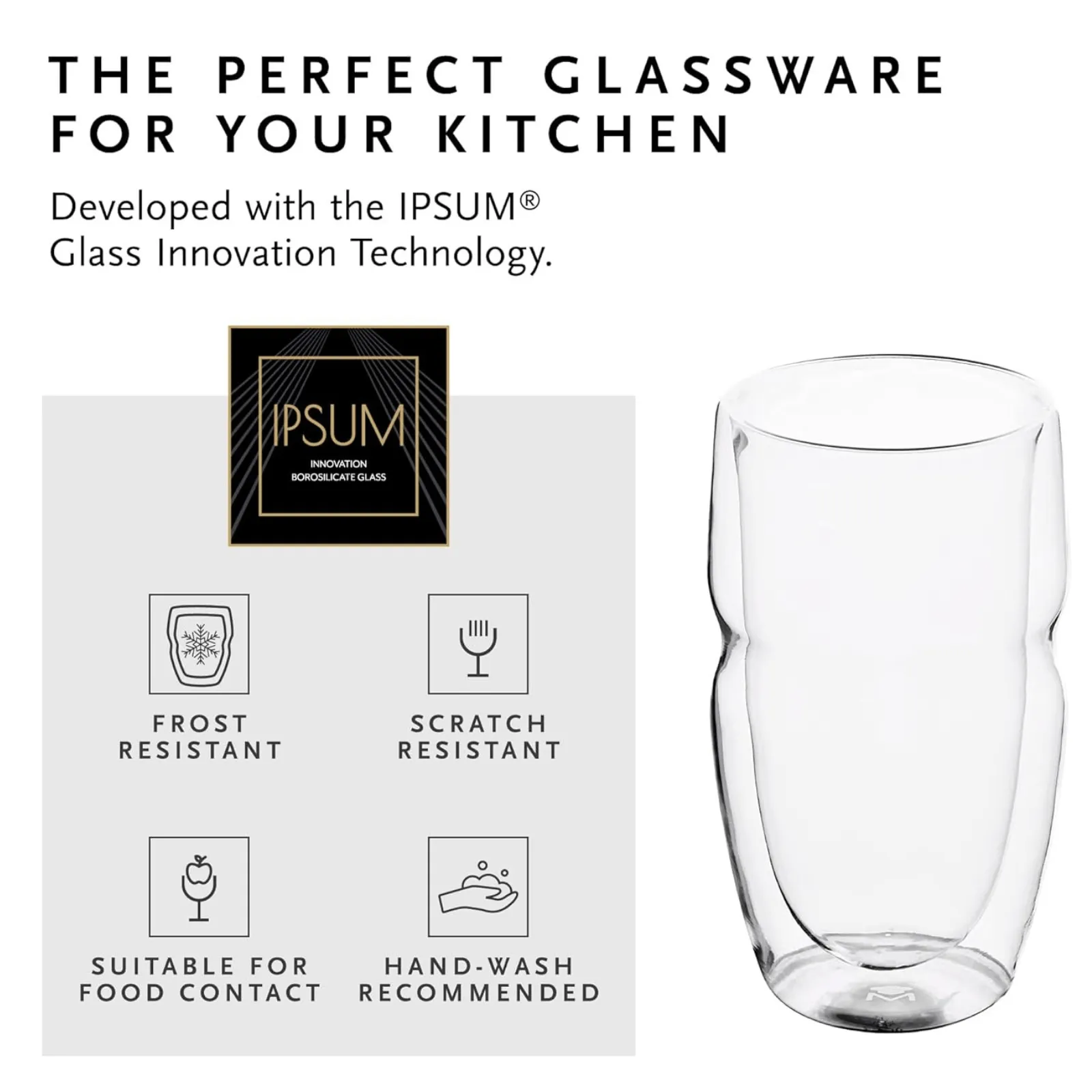 MasterPro Set of 2 Double Wall Borosilicate Rock Glass 380ml