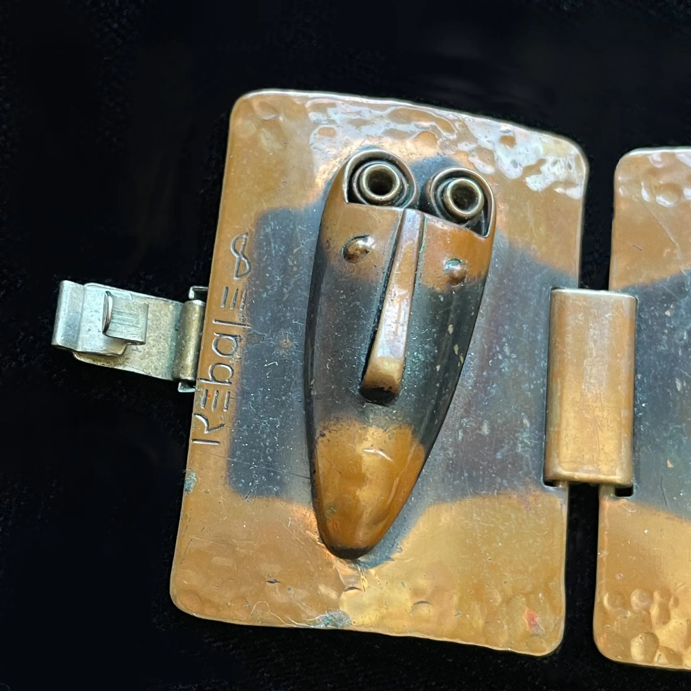 SOLD Vintage Rebajes Tribal Mask Copper Modernist Bracelet