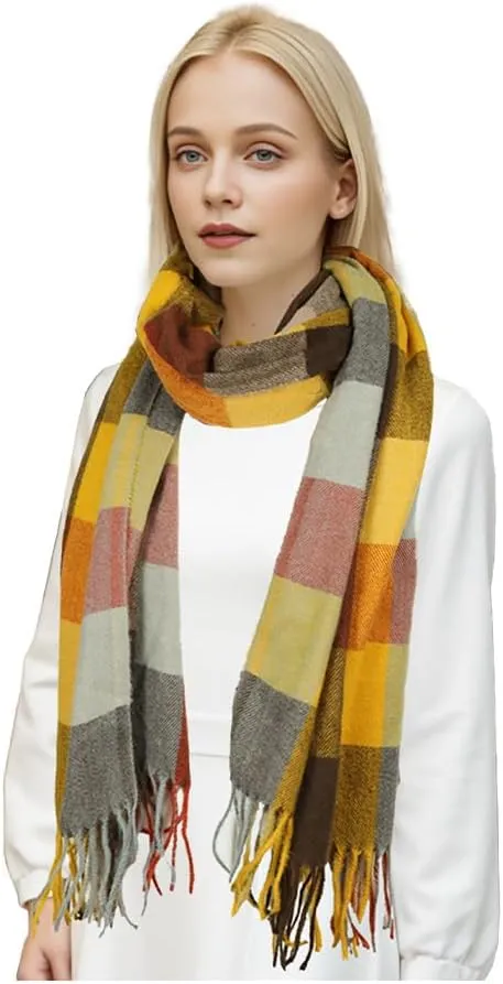 Sumato Scarf for Women Fall Winter Lightweight Shawl Wraps Long Blanket Scarves Warm Soft Cashmere Feel Plaid Pattern Tassel