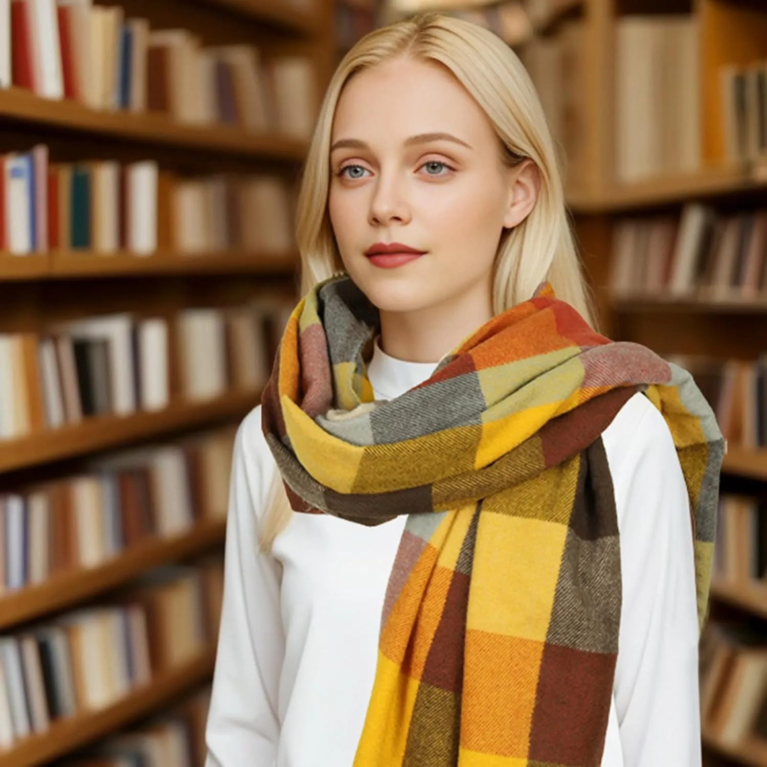 Sumato Scarf for Women Fall Winter Lightweight Shawl Wraps Long Blanket Scarves Warm Soft Cashmere Feel Plaid Pattern Tassel