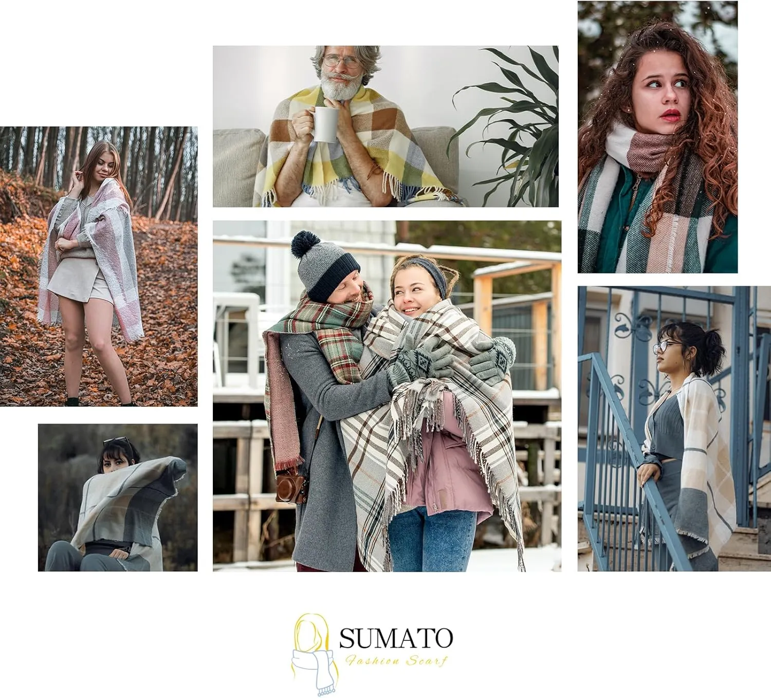 Sumato Scarf for Women Fall Winter Lightweight Shawl Wraps Long Blanket Scarves Warm Soft Cashmere Feel Plaid Pattern Tassel