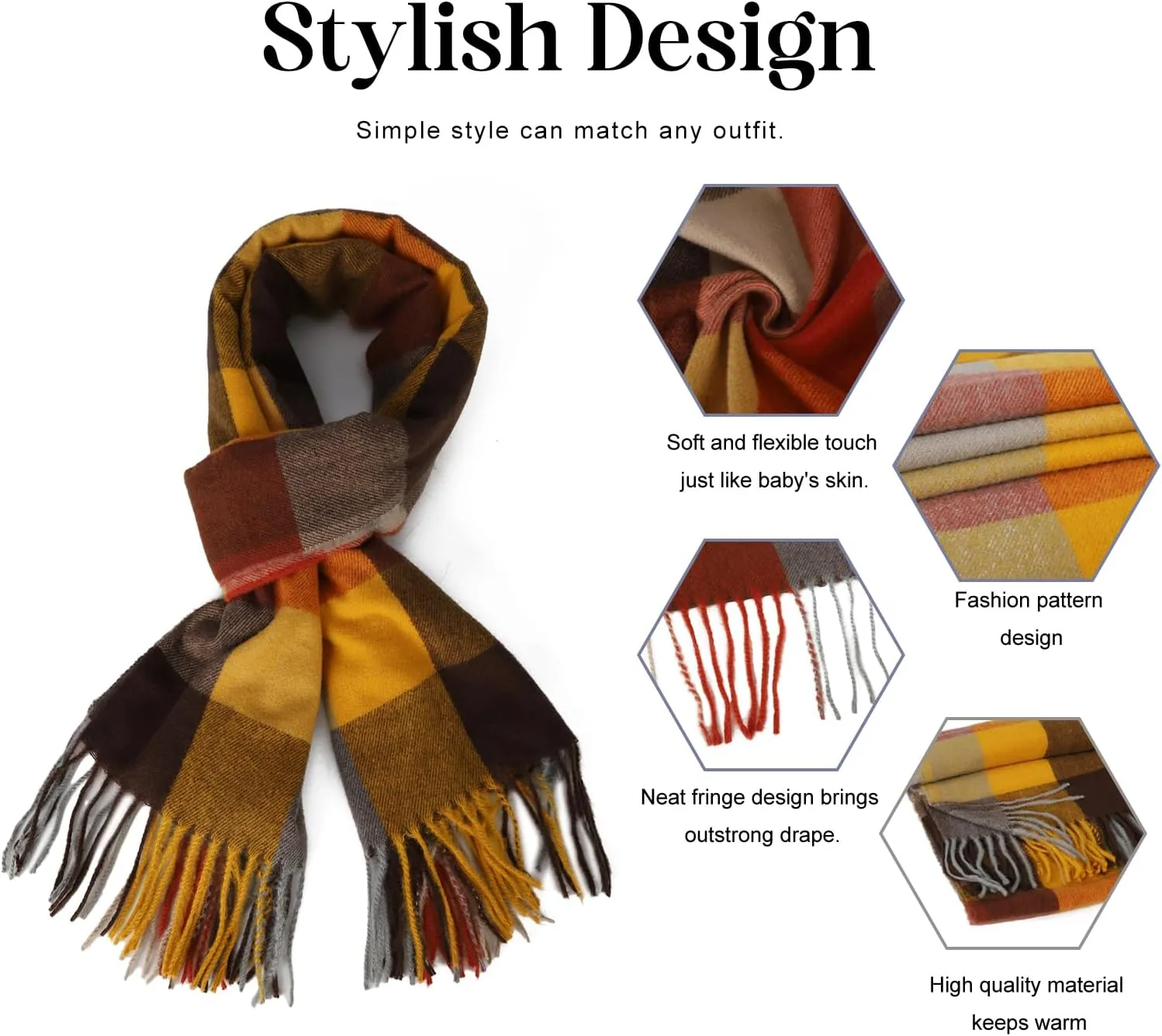 Sumato Scarf for Women Fall Winter Lightweight Shawl Wraps Long Blanket Scarves Warm Soft Cashmere Feel Plaid Pattern Tassel