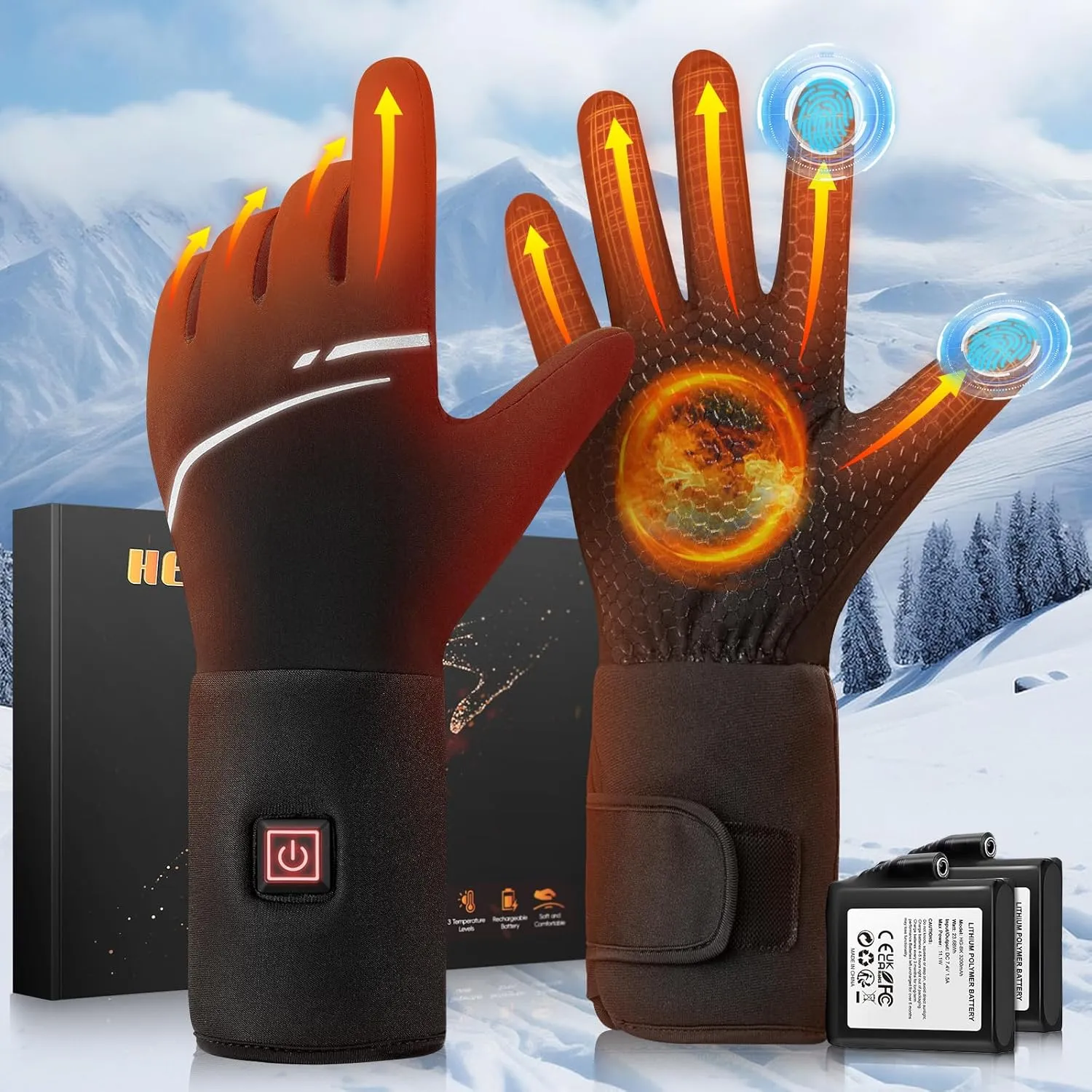 Thin Heated Gloves for Men & Women - 7.4V Rechargeable Gloves with 3200mAh*2 Battery, Touchscreen Compatible, Ideal for Typing, Driving, Skiing, Cycling & Hiking