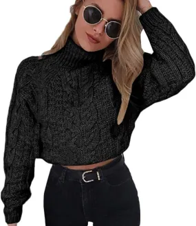 Turtleneck Oversized Sweaters Casual Long Sleeve Cropped Chunky Knit Jumper Tops