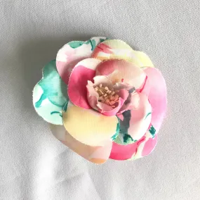 Vintage CHANEL colorful, watercolor print silk camellia flower brooch pin. Very chic and cute. Chanel iconic flower jewelry. 050323re5