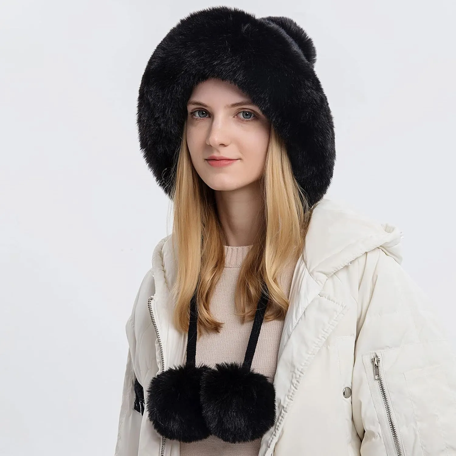 Winter Beanie Hat for Women Warm Fur Faux Trim Fleece Fuzzy Trapper Hat Cable Knit Chunky Slouchy Beanie with Pom Pom