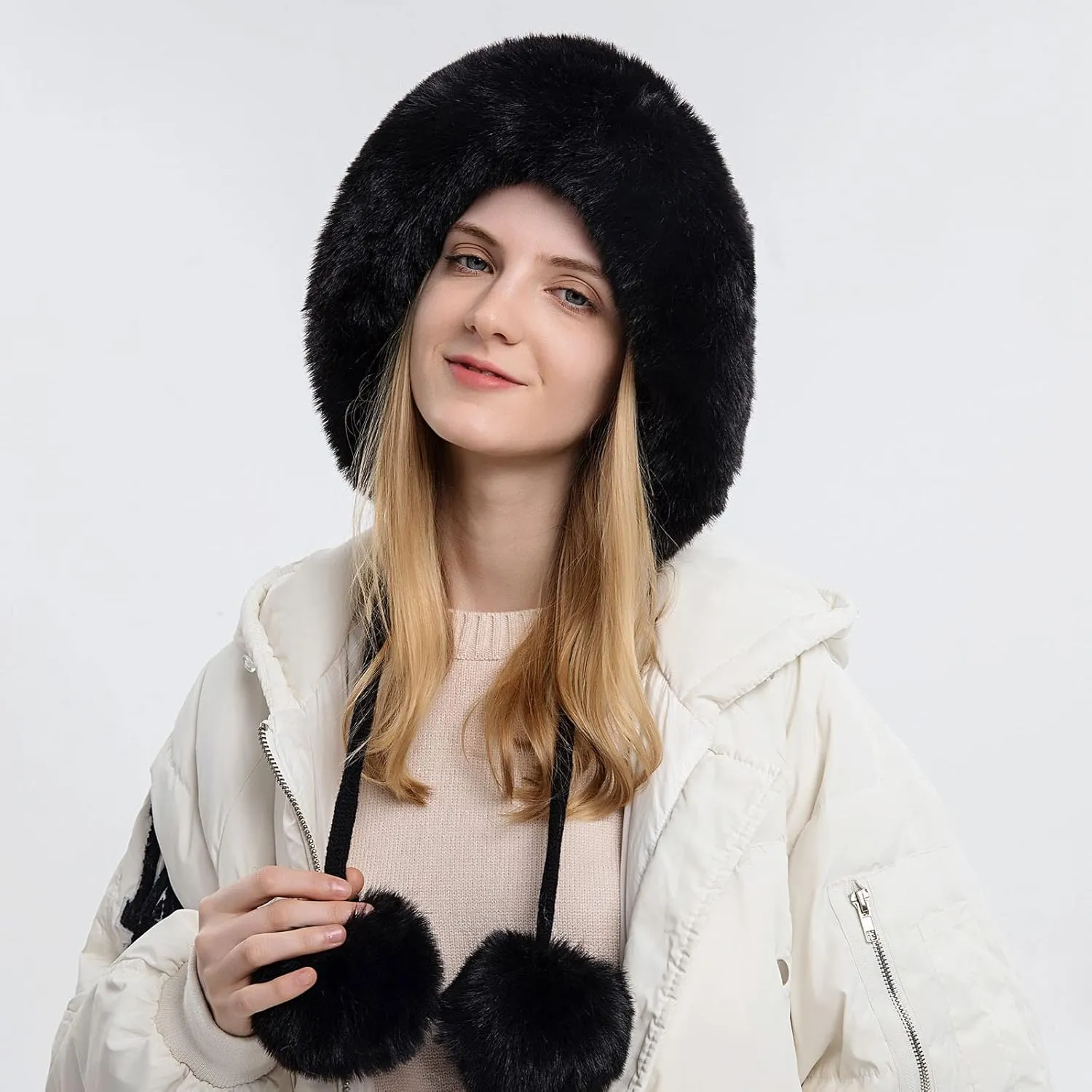 Winter Beanie Hat for Women Warm Fur Faux Trim Fleece Fuzzy Trapper Hat Cable Knit Chunky Slouchy Beanie with Pom Pom