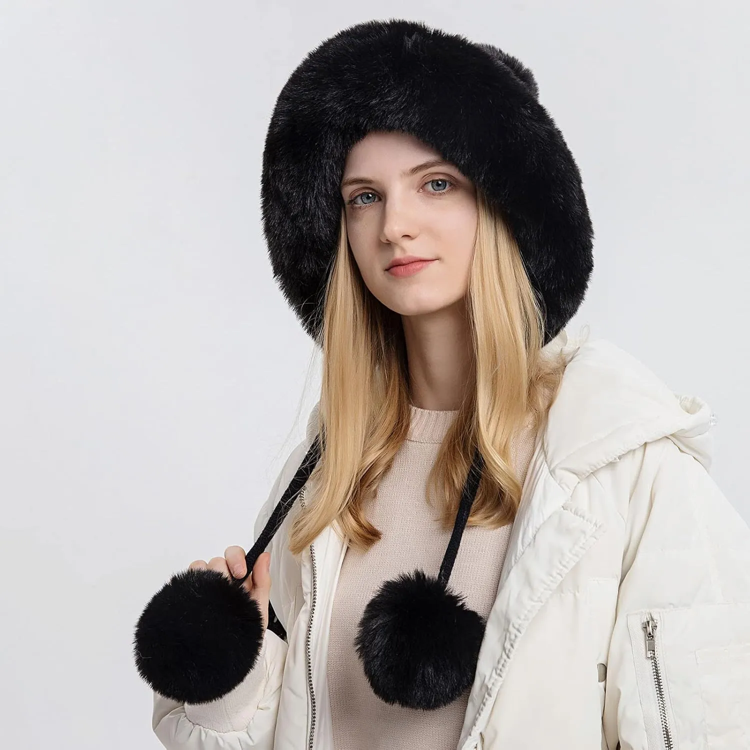 Winter Beanie Hat for Women Warm Fur Faux Trim Fleece Fuzzy Trapper Hat Cable Knit Chunky Slouchy Beanie with Pom Pom