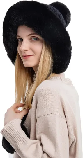 Winter Beanie Hat for Women Warm Fur Faux Trim Fleece Fuzzy Trapper Hat Cable Knit Chunky Slouchy Beanie with Pom Pom