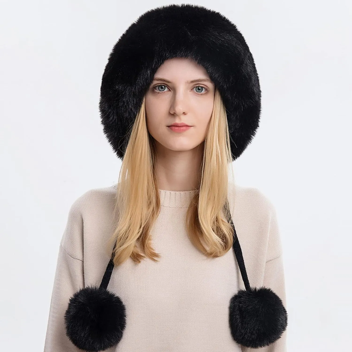 Winter Beanie Hat for Women Warm Fur Faux Trim Fleece Fuzzy Trapper Hat Cable Knit Chunky Slouchy Beanie with Pom Pom