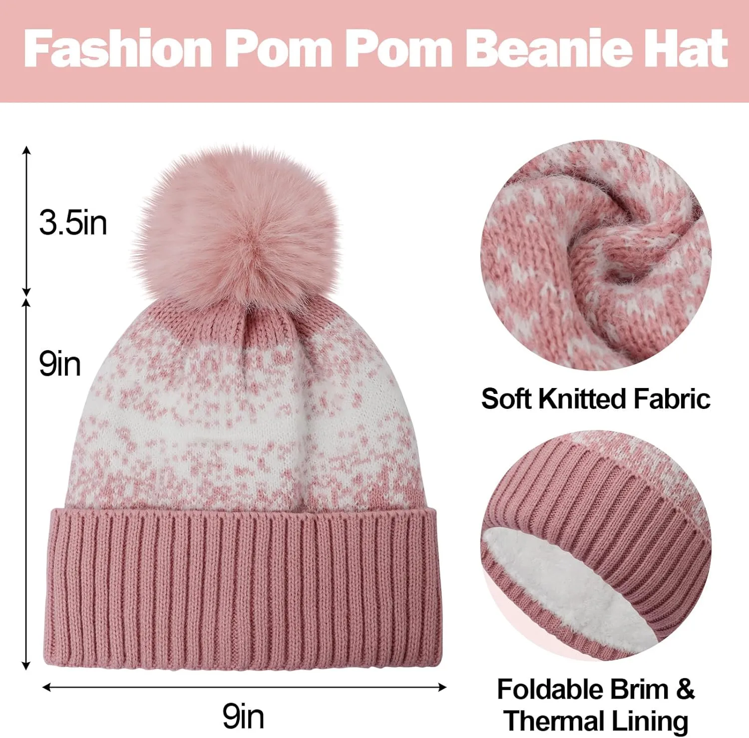 Women Beanie Hat Scarf Gloves Set, Warm Fleece Lined Winter Cap with Pom Pom, Long Knit Scarf Touchscreen Gloves
