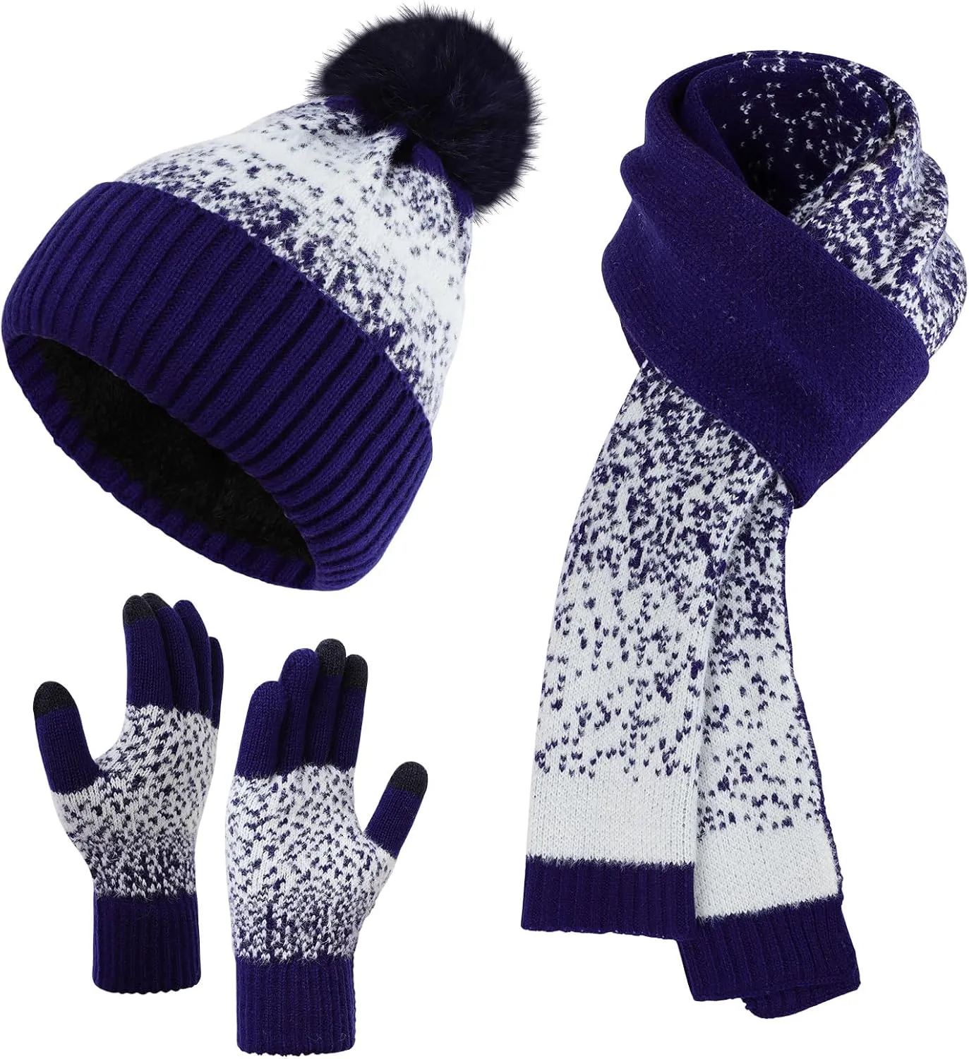 Women Beanie Hat Scarf Gloves Set, Warm Fleece Lined Winter Cap with Pom Pom, Long Knit Scarf Touchscreen Gloves