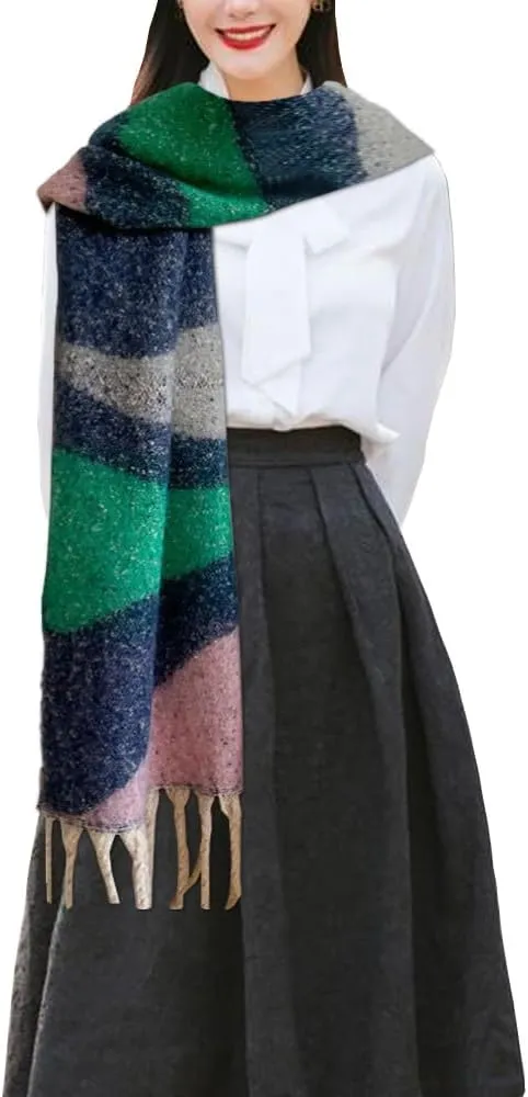 Women's Large Chunky Plaid Scarf Coloured Checked Oversized Scarf Tassel Soft Fall Winter Thick Warm Shawl