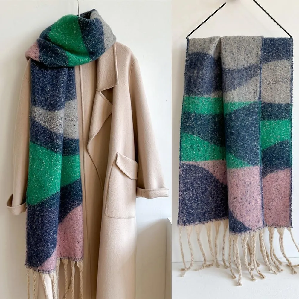 Women's Large Chunky Plaid Scarf Coloured Checked Oversized Scarf Tassel Soft Fall Winter Thick Warm Shawl