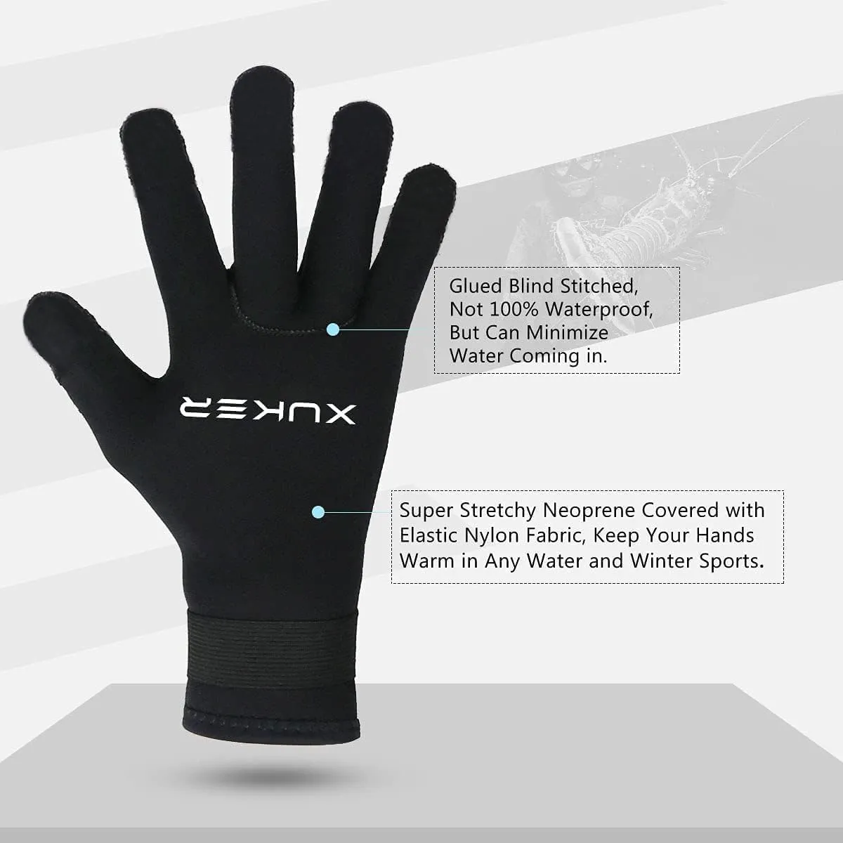 XUKER Water Gloves, 3mm & 5mm Neoprene Five Finger Warm Wetsuit Winter Gloves for Scuba Diving Snorkeling Surfing